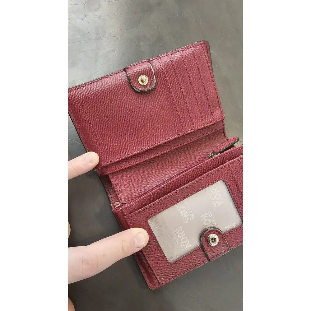 MICHAEL KORS Jet‎ Set Travel Maroon/Red Leather Flap Card Holder Mini Wallet